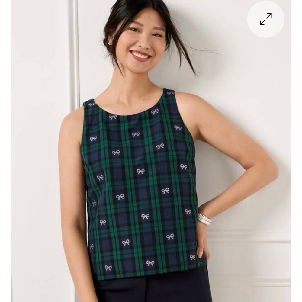 Talbots Blackwatch Tartan Plaid Sleeveless Top Sz 8 Embroidered Bow Print Preppy